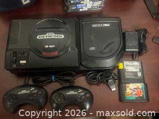 MaxSold Auction: Sega Genesis with Sega CD 2 Games 2 controllers  - Buena Park (California, USA) SELLER MANAGED Moving Online Auction - Melrose Street
