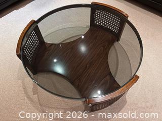 MaxSold Auction: Round Walnut Coffee Table with Smoked Glass Top C - Oakville (Ontario, Canada) Moving Online Auction - Ribble Crescent
