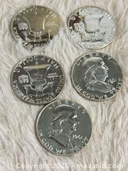MaxSold Auction: US 1961 Franklin Half Dollar x5 90% Silver 12.5gr Ea. 62.5gr 2.208oz Totals Uncirculated  - Toronto (Ontario, Canada) SELLER MANAGED Reseller Online Auction - Bayview Avenue