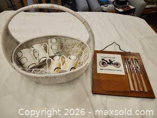 MaxSold Auction: Wicker Gift Basket with Ceramic Mugs, Cheese Board & Knives - Toronto (Ontario, Canada) SELLER MANAGED Downsizing Online Auction - Fisherville Road