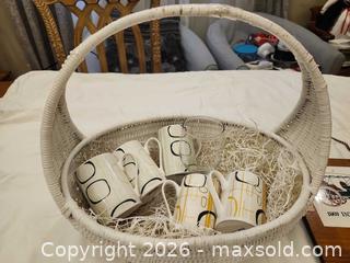 MaxSold Auction: Wicker Gift Basket with Ceramic Mugs, Cheese Board & Knives - Toronto (Ontario, Canada) SELLER MANAGED Downsizing Online Auction - Fisherville Road