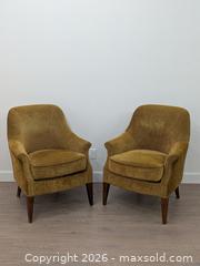MaxSold Auction: Pair of Vintage Mid-Century Modern MCM Style Khaki Green Chenille or Velvet Armchairs / Accent Chairs - Cobourg (Ontario, Canada) SELLER MANAGED Downsizing Online Auction - Division