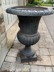 MaxSold Auction: Pair of Cast Iron Garden Urns / Planters, ~24 in H - Toronto (Ontario, Canada) SELLER MANAGED Moving Online Auction - Herne Hill