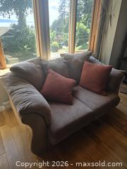 MaxSold Auction: Gray Microfiber 2-Seater Loveseat with Throw Pillows - Saanich (British Columbia, Canada) SELLER MANAGED Moving Online Auction - Lochside Drive