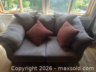 MaxSold Auction: Gray Microfiber 2-Seater Loveseat with Throw Pillows - Saanich (British Columbia, Canada) SELLER MANAGED Moving Online Auction - Lochside Drive