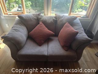 MaxSold Auction: Gray Microfiber 2-Seater Loveseat with Throw Pillows - Saanich (British Columbia, Canada) SELLER MANAGED Moving Online Auction - Lochside Drive