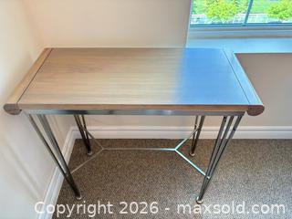 MaxSold Auction: Custom made small Modern/Transitional Console Table.  Solid maple and pickled oak & Silver Metal Legs - Kawartha Lakes (Ontario, Canada) SELLER MANAGED Downsizing Online Auction - Albert Street South (CONDO)