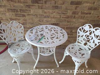 MaxSold Auction: White Antique Distressed Cast Aluminum Bistro Set with Glass - Eldersburg (Maryland, USA) PARTNER MANAGED Moving Online Auction - Streaker Road