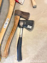 MaxSold Auction:  Hand Tools: Axes, Pickaxe, Sledge, Wood Handles A - Portland (Ontario, Canada) Moving Online Auction - R29 Road 