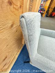 MaxSold Auction: Mid-Century Modern Light Gray Fabric Accent Chair with Black Metal Legs - Central Saanich (British Columbia, Canada) PARTNER MANAGED Moving Online Auction - Butler Crescent