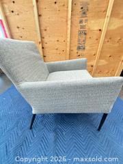 MaxSold Auction: Mid-Century Modern Light Gray Fabric Accent Chair with Black Metal Legs - Central Saanich (British Columbia, Canada) PARTNER MANAGED Moving Online Auction - Butler Crescent