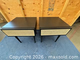 MaxSold Auction: Pair of Mid-Century Modern Black & Natural Rattan Nightstands - Central Saanich (British Columbia, Canada) PARTNER MANAGED Moving Online Auction - Butler Crescent