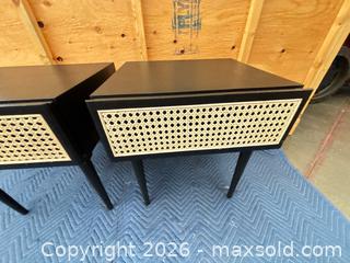 MaxSold Auction: Pair of Mid-Century Modern Black & Natural Rattan Nightstands - Central Saanich (British Columbia, Canada) PARTNER MANAGED Moving Online Auction - Butler Crescent