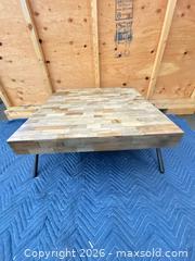 MaxSold Auction: Square Wood Butcher Block Coffee Table with Metal Legs - Central Saanich (British Columbia, Canada) PARTNER MANAGED Moving Online Auction - Butler Crescent