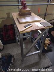 MaxSold Auction: Metal Workbench with Vise, Plywood Top, 3'x3', Casters - Arvada (Colorado, USA) SELLER MANAGED Moving Online Auction - W 54th Lane