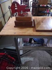 MaxSold Auction: Metal Workbench with Vise, Plywood Top, 3'x3', Casters - Arvada (Colorado, USA) SELLER MANAGED Moving Online Auction - W 54th Lane