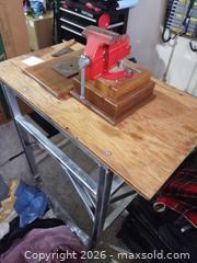 MaxSold Auction: Metal Workbench with Vise, Plywood Top, 3'x3', Casters - Arvada (Colorado, USA) SELLER MANAGED Moving Online Auction - W 54th Lane