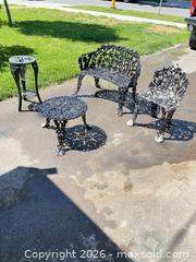 MaxSold Auction: Cast Iron Patio Furniture Set — 1 Chair, Bench, Table, Plant Stand - Kitchener (Ontario, Canada) SELLER MANAGED Downsizing Online Auction - Mckenzie Avenue