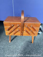 MaxSold Auction: Vintage Brown Wood Cantilever Sewing Box, Medium - Kitchener (Ontario, Canada) SELLER MANAGED Downsizing Online Auction - Mckenzie Avenue