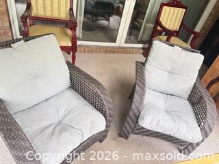 MaxSold Auction: Pair of Brown Wicker/Rattan Outdoor Armchairs with Gray Cushions - Leeds And The Thousand Islands (Ontario, Canada) SELLER MANAGED Moving Online Auction - Chisamore Point Road