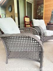 MaxSold Auction: Pair of Brown Wicker/Rattan Outdoor Armchairs with Gray Cushions - Leeds And The Thousand Islands (Ontario, Canada) SELLER MANAGED Moving Online Auction - Chisamore Point Road