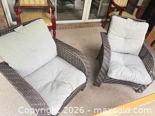 MaxSold Auction: Pair of Brown Wicker/Rattan Outdoor Armchairs with Gray Cushions - Leeds And The Thousand Islands (Ontario, Canada) SELLER MANAGED Moving Online Auction - Chisamore Point Road