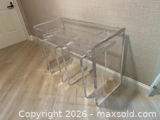 MaxSold Auction: Acrylic Console Table and Two Acrylic Banquets, Set of 3 - Miami (Florida, USA) PARTNER MANAGED Downsizing Online Auction - North West 5th Street (STORAGE)