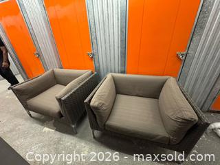MaxSold Auction: Dedon Mu Outdoor Collection Woven Seating (5 Pieces) with cushions. - Miami (Florida, USA) PARTNER MANAGED Downsizing Online Auction - North West 5th Street (STORAGE)