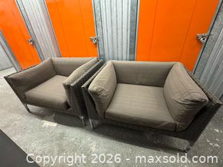 MaxSold Auction: Dedon Mu Outdoor Collection Woven Seating (5 Pieces) with cushions. - Miami (Florida, USA) PARTNER MANAGED Downsizing Online Auction - North West 5th Street (STORAGE)