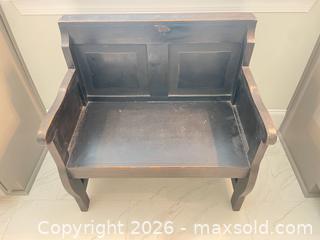 MaxSold Auction: Wood Rustic Farmhouse Bench with Arms & Backrest, 32 in Wide - Fuquay-Varina (North Carolina, USA) PARTNER MANAGED Downsizing Online Auction - Dairy Glen Drive