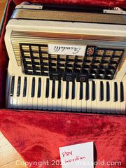 MaxSold Auction: Scandalli Piano Accordion, 26-Key, Cream with Metallic Accents - Bremerton (Washington, USA) SELLER MANAGED Estate Sale Online Auction - Burwell Street