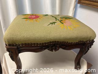 MaxSold Auction: Antique Victorian Walnut Figural Flowers Needlepoint Footstool Ottoman - Campbell (California, USA) SELLER MANAGED Downsizing Online Auction - Dell Avenue