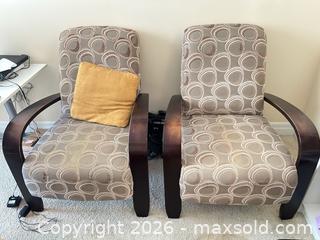 MaxSold Auction: Pair of Beige/Taupe Geometric Fabric Armchairs with Wooden Arms - Toronto (Ontario, Canada) SELLER MANAGED Estate Sale Online Auction - Burnhamthorpe Crescent (CONDO)