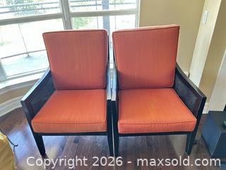 MaxSold Auction: Pair of Orange Fabric Armchairs with Black Rattan Frames - Toronto (Ontario, Canada) SELLER MANAGED Estate Sale Online Auction - Burnhamthorpe Crescent (CONDO)