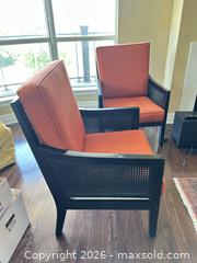 MaxSold Auction: Pair of Orange Fabric Armchairs with Black Rattan Frames - Toronto (Ontario, Canada) SELLER MANAGED Estate Sale Online Auction - Burnhamthorpe Crescent (CONDO)