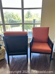 MaxSold Auction: Pair of Orange Fabric Armchairs with Black Rattan Frames - Toronto (Ontario, Canada) SELLER MANAGED Estate Sale Online Auction - Burnhamthorpe Crescent (CONDO)