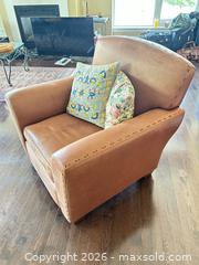 MaxSold Auction: Tan Leather & Suede Armchair with Nailhead Trim - Toronto (Ontario, Canada) SELLER MANAGED Estate Sale Online Auction - Burnhamthorpe Crescent (CONDO)