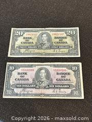 MaxSold Auction: Two Canadian Dollar Bank Notes - 1937 - $10 & $20 - Gananoque (Ontario, Canada) SELLER MANAGED Downsizing Online Auction -Elmwood Drive