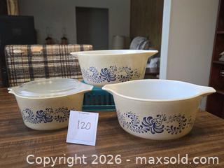 MaxSold Auction: Pyrex Blue Floral/Scroll Opal Glass Mixing Bowl Set, 3-Piece - Castro Valley (California, USA) PARTNER MANAGED Estate Sale Online Auction - Dunnigan Court