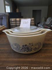 MaxSold Auction: Pyrex Blue Floral/Scroll Opal Glass Mixing Bowl Set, 3-Piece - Castro Valley (California, USA) PARTNER MANAGED Estate Sale Online Auction - Dunnigan Court