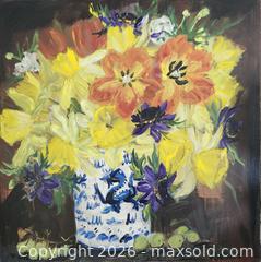 MaxSold Auction: Valerie Butters Original Acrylic Painting Dragonfly Daffodile, 30 x 30 in - Richmond (British Columbia, Canada) SELLER MANAGED Downsizing Online Auction - Riverside Way (STORAGE)