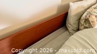 MaxSold Auction: Vintage Teak Veneer MCM Queen Size Bed With Mattress and Bedding - Norfolk (Ontario, Canada) SELLER MANAGED Estate Sale Online Auction - Birch