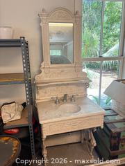 MaxSold Auction: Victorian-Style Cast Iron Bathroom Vanity with Marble Top & Mirror - Okatie (South Carolina, USA) SELLER MANAGED Moving Online Auction - Bee Tree Drive