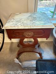 MaxSold Auction: Victorian-style Marble Top Side Table with Drawer - Okatie (South Carolina, USA) SELLER MANAGED Moving Online Auction - Bee Tree Drive
