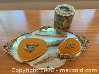 MaxSold Auction: Victorian Art Nouveau Style Vanity Dresser Set with Decorative Mirror Tray - Okatie (South Carolina, USA) SELLER MANAGED Moving Online Auction - Bee Tree Drive