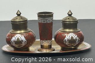 MaxSold Auction: Vintage Enamelled 4 pc Condiment Set incl Tray, Toothpick Holder, Salt & Pepper - Burlington (Ontario, Canada) SELLER MANAGED Estate Sale Online Auction -  Fairview Street (STORAGE)