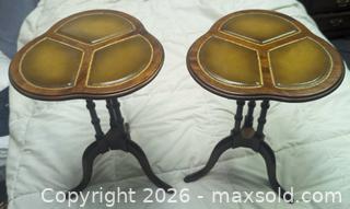 MaxSold Auction: Pair Vintage Signed Yderängen Båstad, Sweden Mahogany Wood Cloverleaf Leather Tops Side Tables 13x20" - Toronto (Ontario, Canada) PARTNER MANAGED Reseller Online Auction - Railside Road
