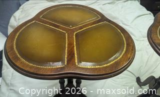 MaxSold Auction: Pair Vintage Signed Yderängen Båstad, Sweden Mahogany Wood Cloverleaf Leather Tops Side Tables 13x20" - Toronto (Ontario, Canada) PARTNER MANAGED Reseller Online Auction - Railside Road
