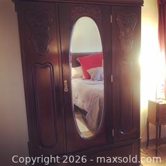 MaxSold Auction: Antique French Provincial Solid Wood Armoire with Oval Mirror - Yonkers (New York, USA) SELLER MANAGED Downsizing Online Auction - Riverdale Avenue (STORAGE)