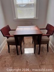 MaxSold Auction: Contemporary Cherry Solid Wood Dining Table with 3 Upholstered Chairs - Yonkers (New York, USA) SELLER MANAGED Downsizing Online Auction - Riverdale Avenue (STORAGE)